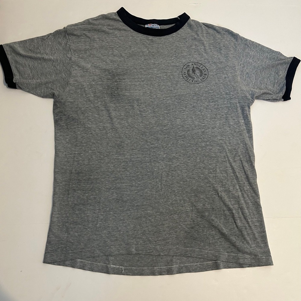 Vtg Hanes Single Stitch Ringer Tee Made USA Los Angeles Athletic Club XL Gray